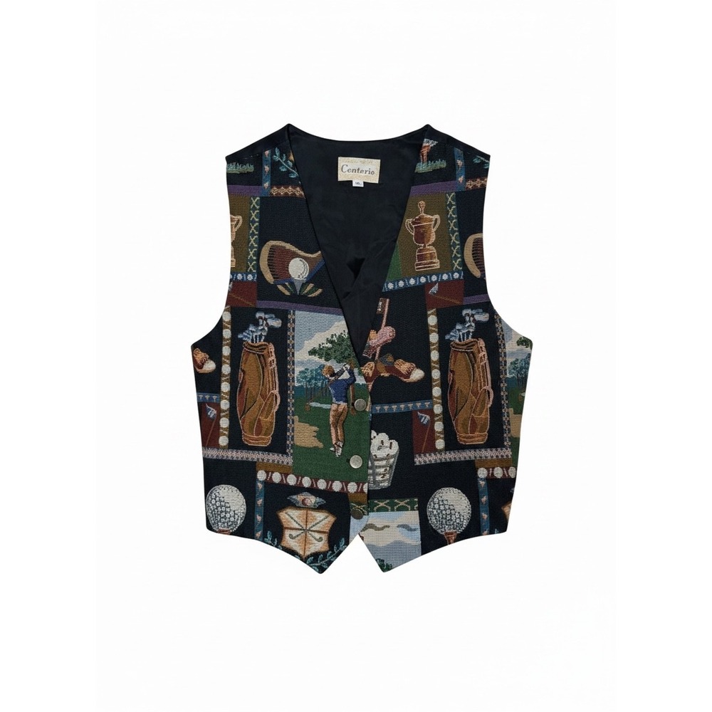 Conterio Vintage Golf Tapestry Vest Womens XL Multicolor Novelty Button Front